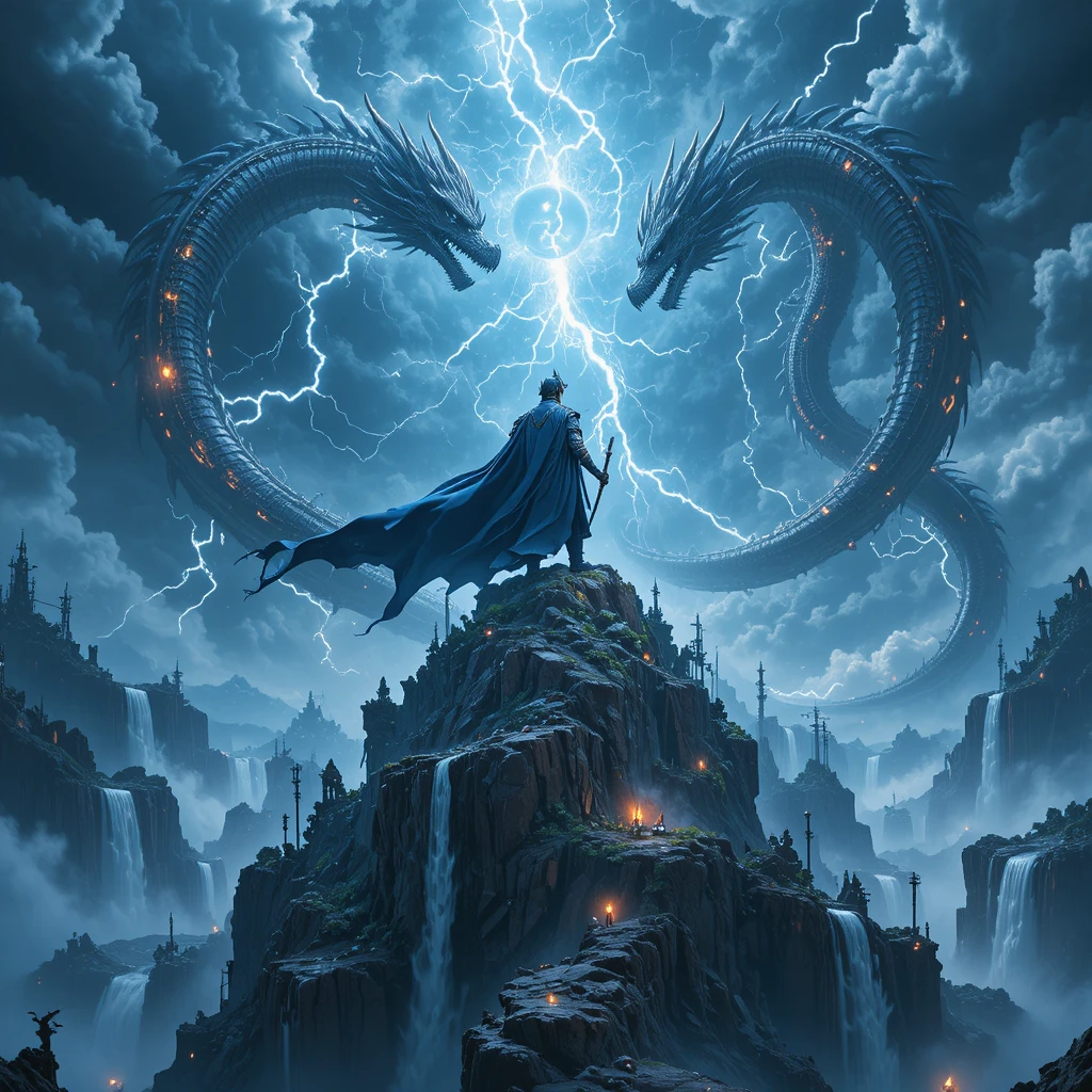 Legendary warrior on a stormy floating mountain peak