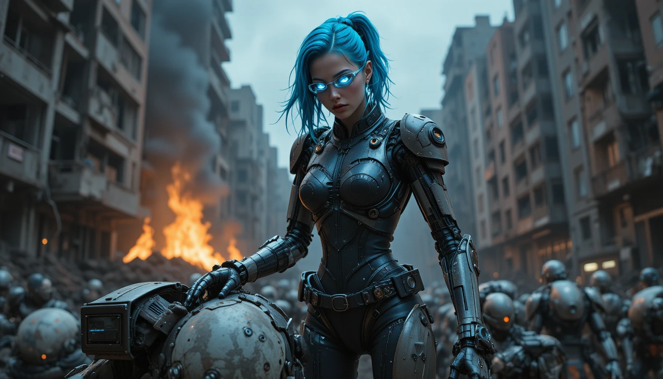 Cyberpunk heroine with robotic arm in burning city