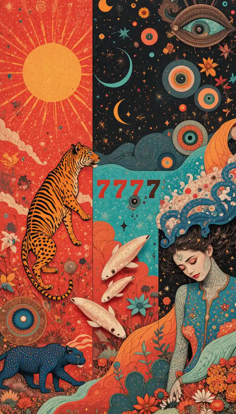 Surreal Vertical Collage With Radiant Sun And Tiger