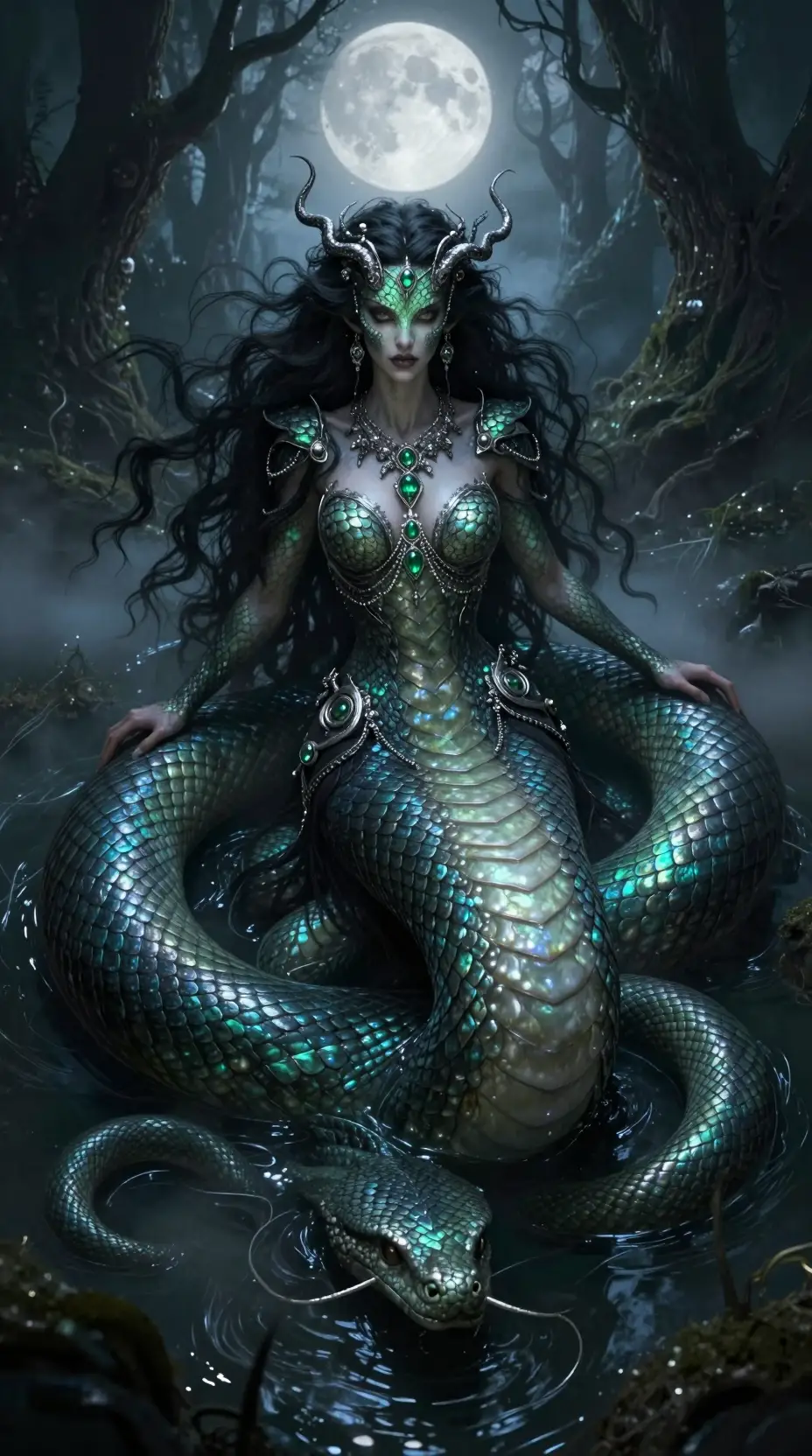 Gorgon serpent queen in a moonlit gothic swamp