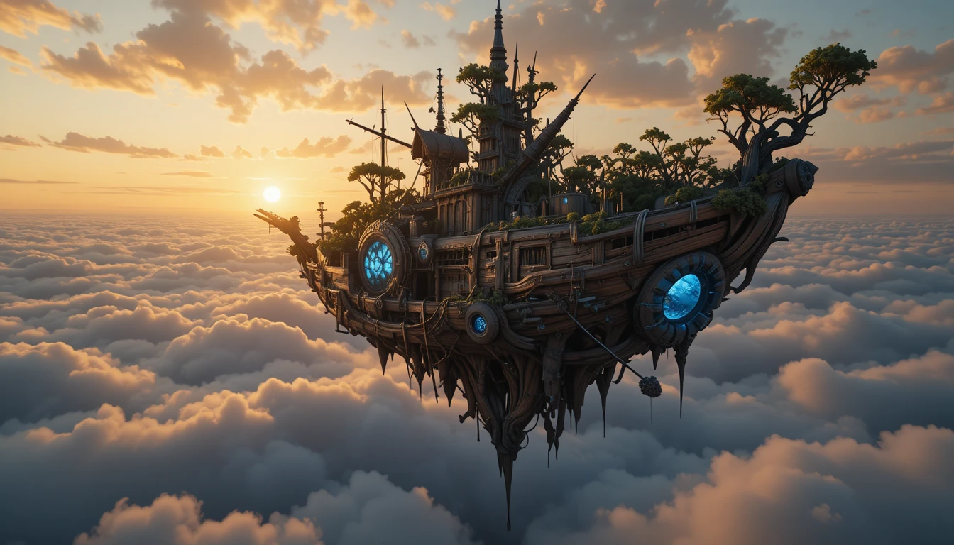 Colossal living wood sky monument above a glowing cloud sea