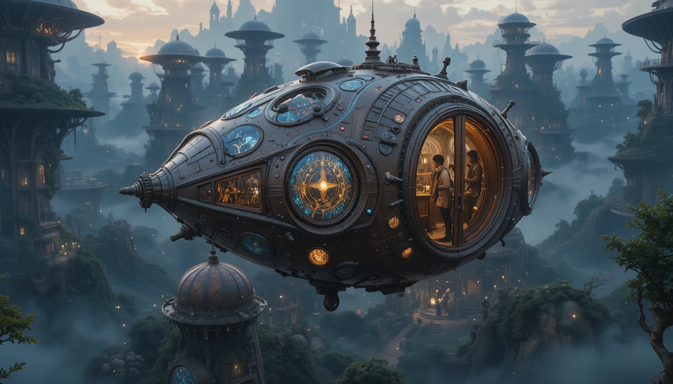 Dirigibile fantasy che scivola sopra un’immensa città tra le chiome all’alba