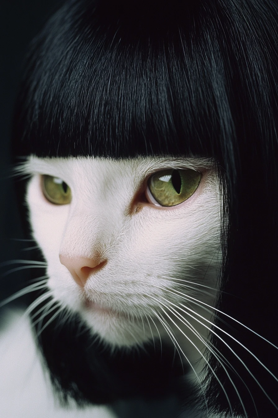 White cat with bob wig in retro studio portrait