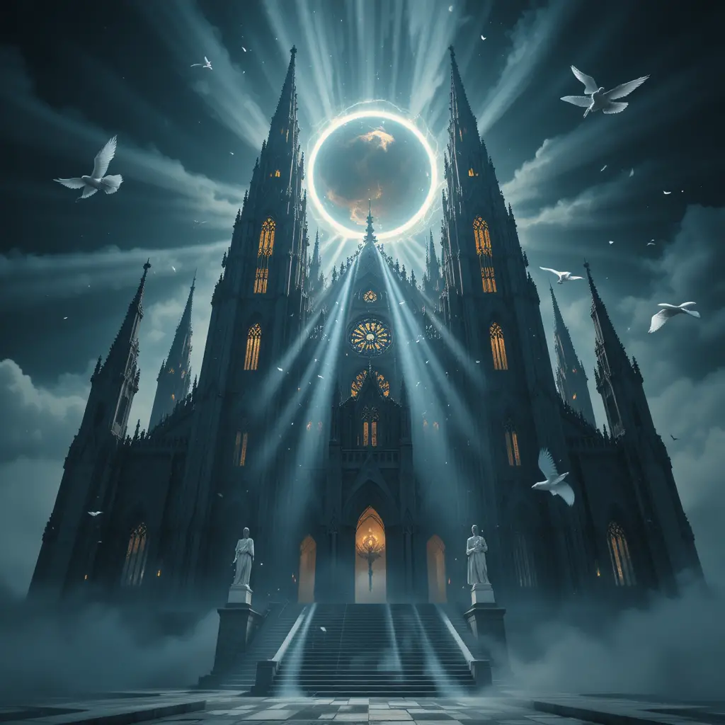 Gothic cathedral beneath a total solar eclipse