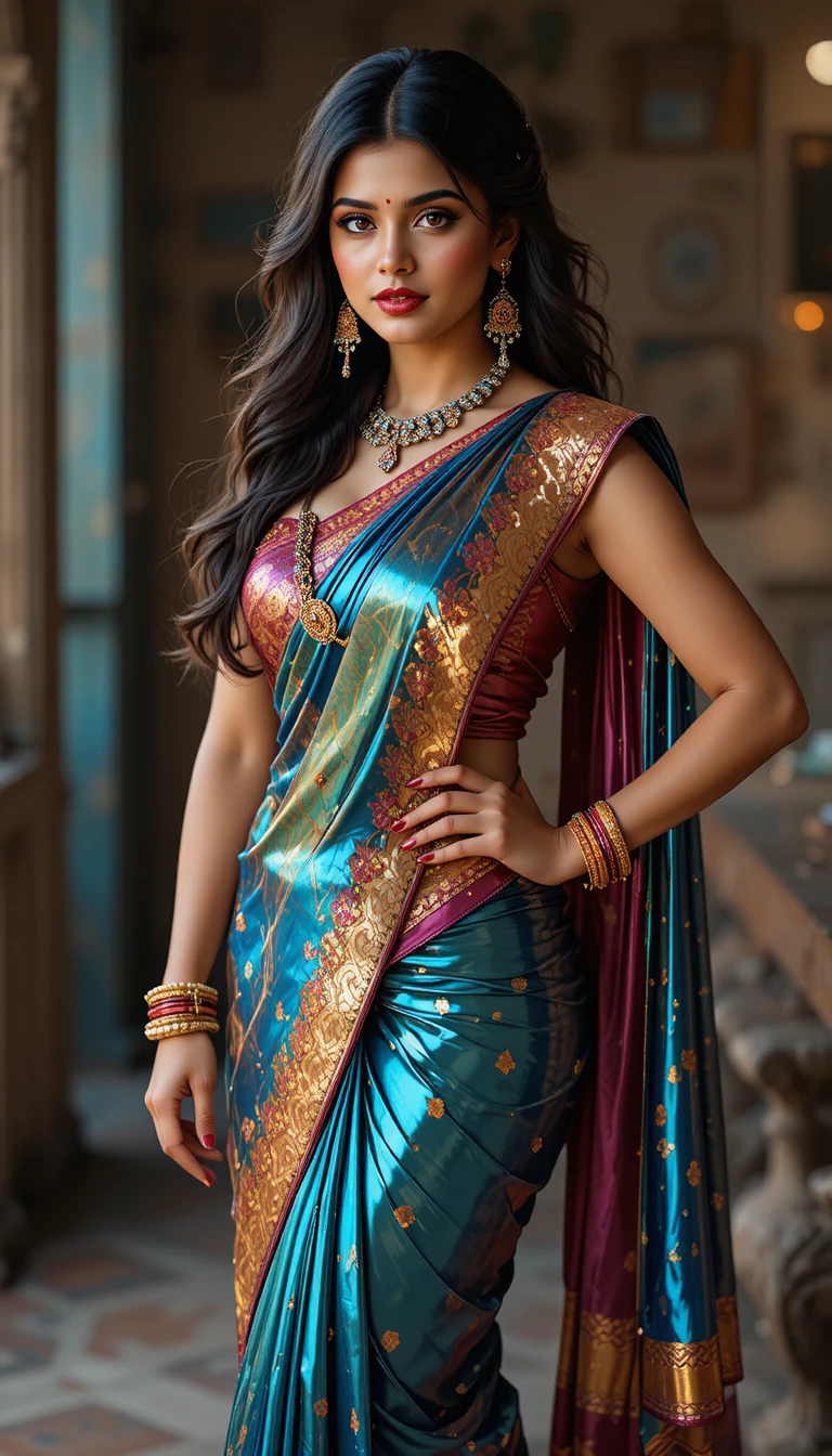 Mujer india con sari espejo brillante inclinada en pose de cuerpo entero