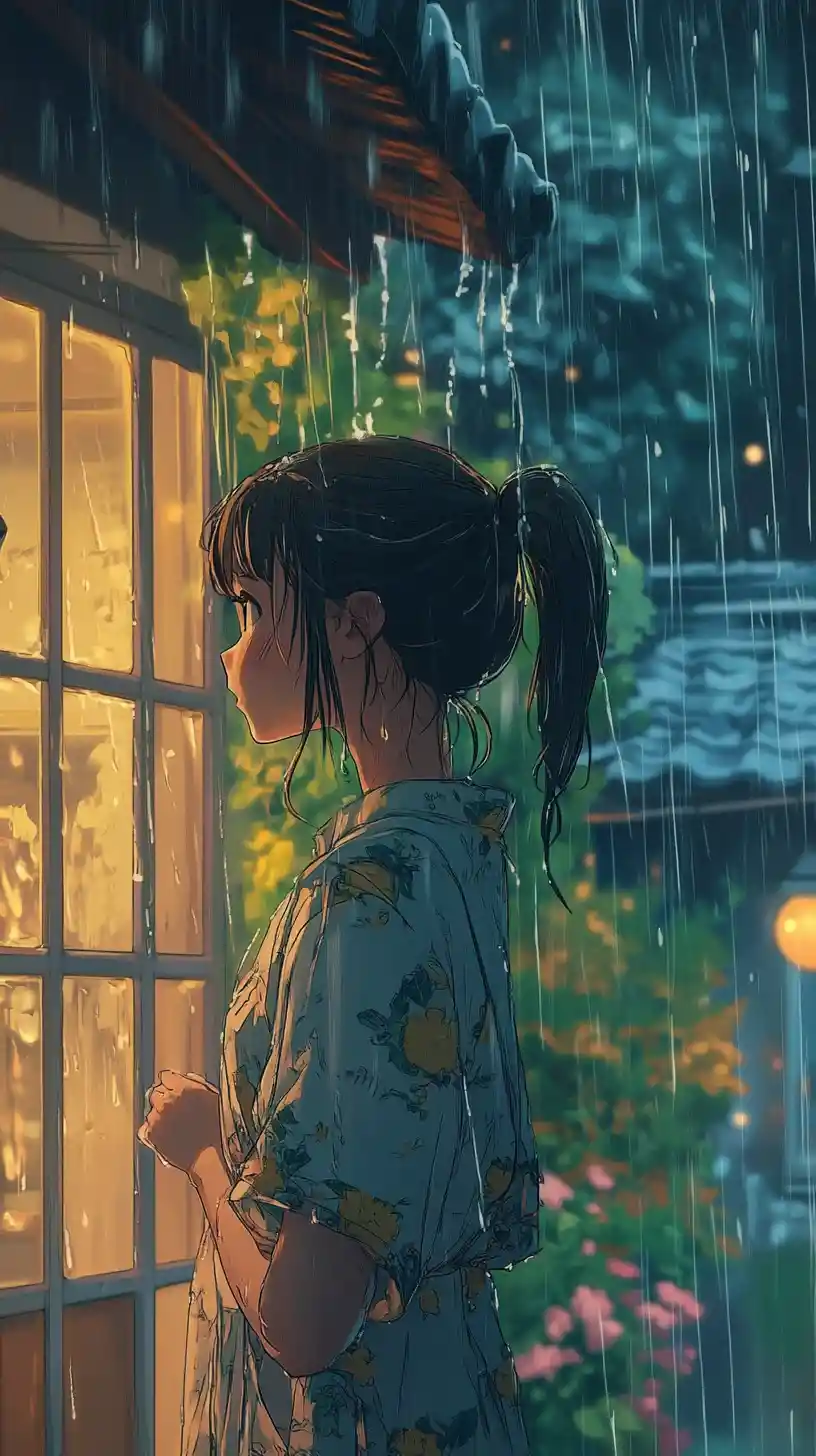 Anime-Mädchen macht ein gemütliches Selfie in einer regnerischen Nacht auf dem Balkon