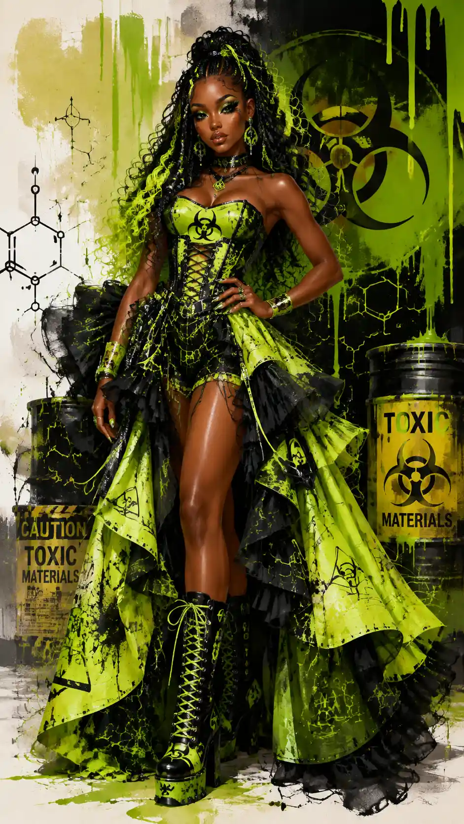 Dark skinned fashion woman in toxic materials inspired outfit