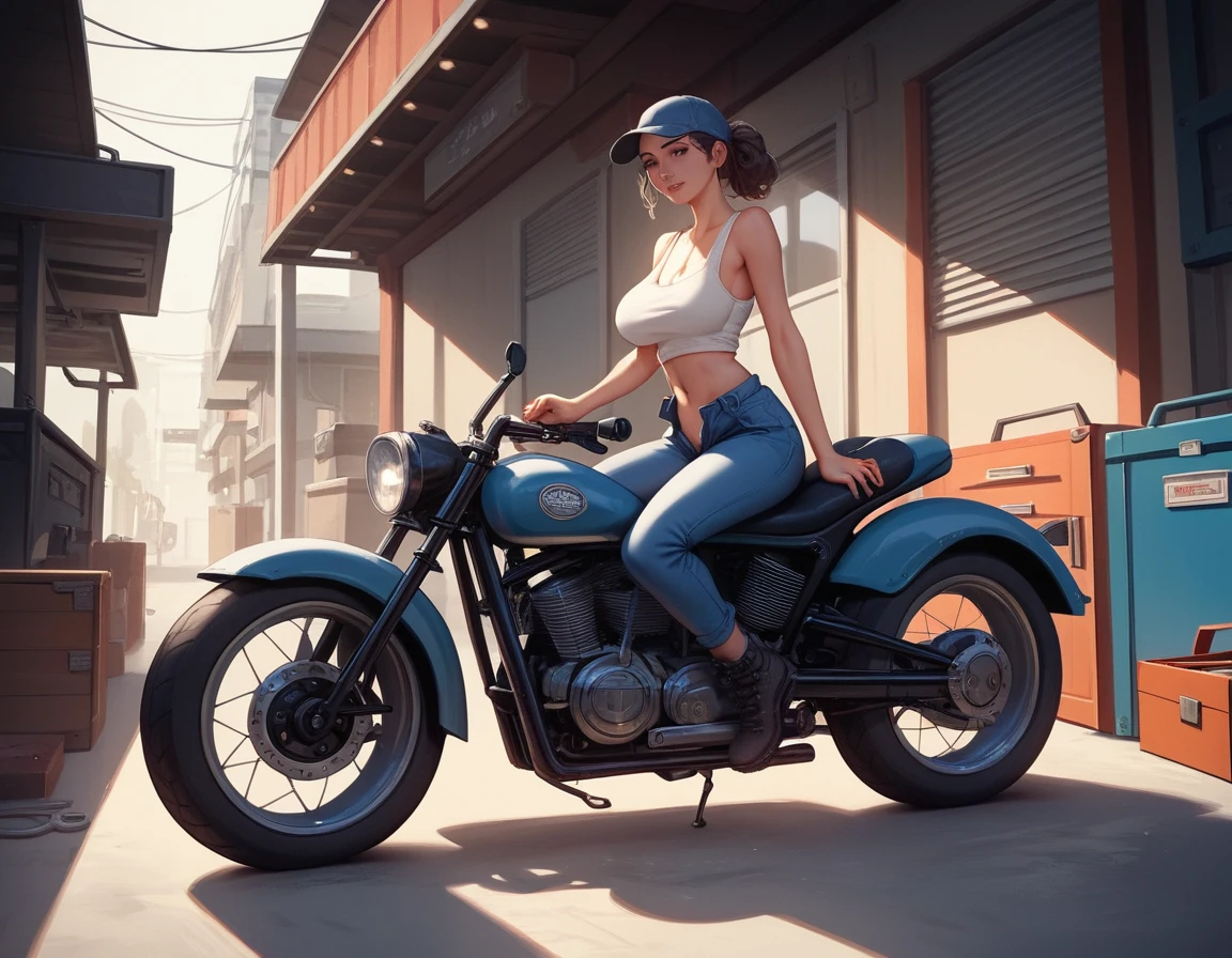 Grease stained girl mechanic pushing a motorbike in garage