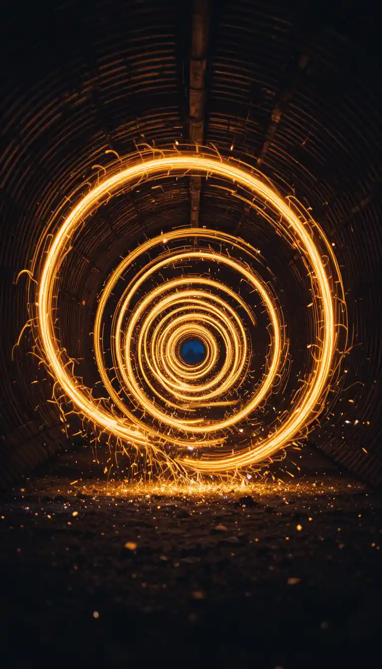 Fiery light painting swirling inside a dark metal tunnel