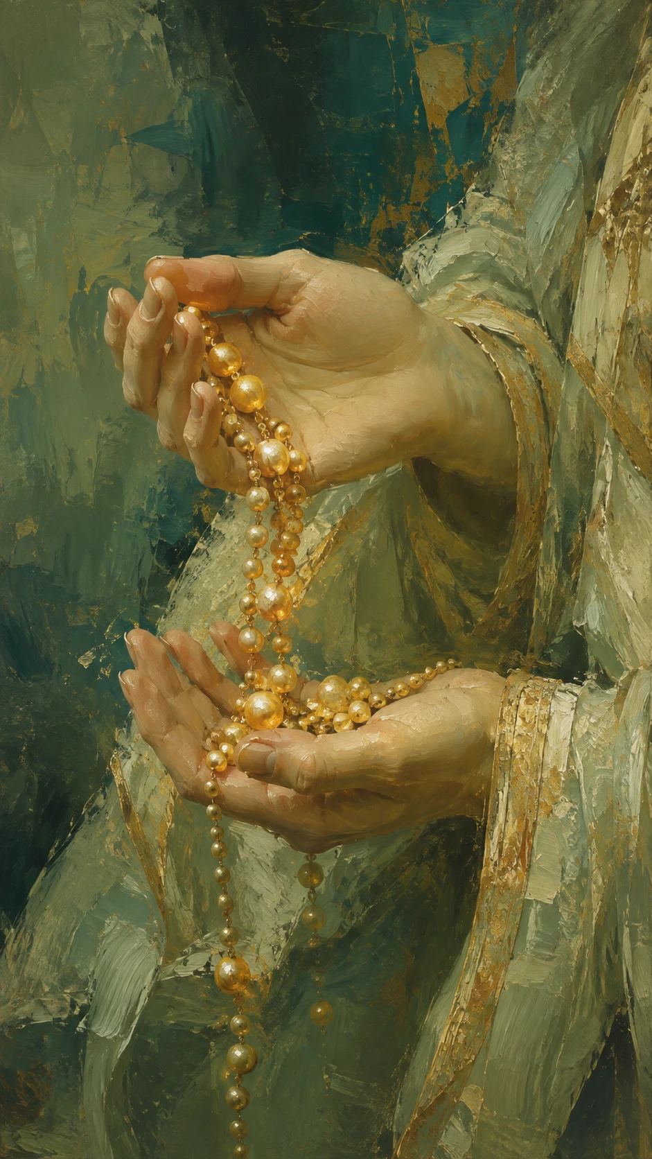 Close up of hands holding glowing golden beads painting