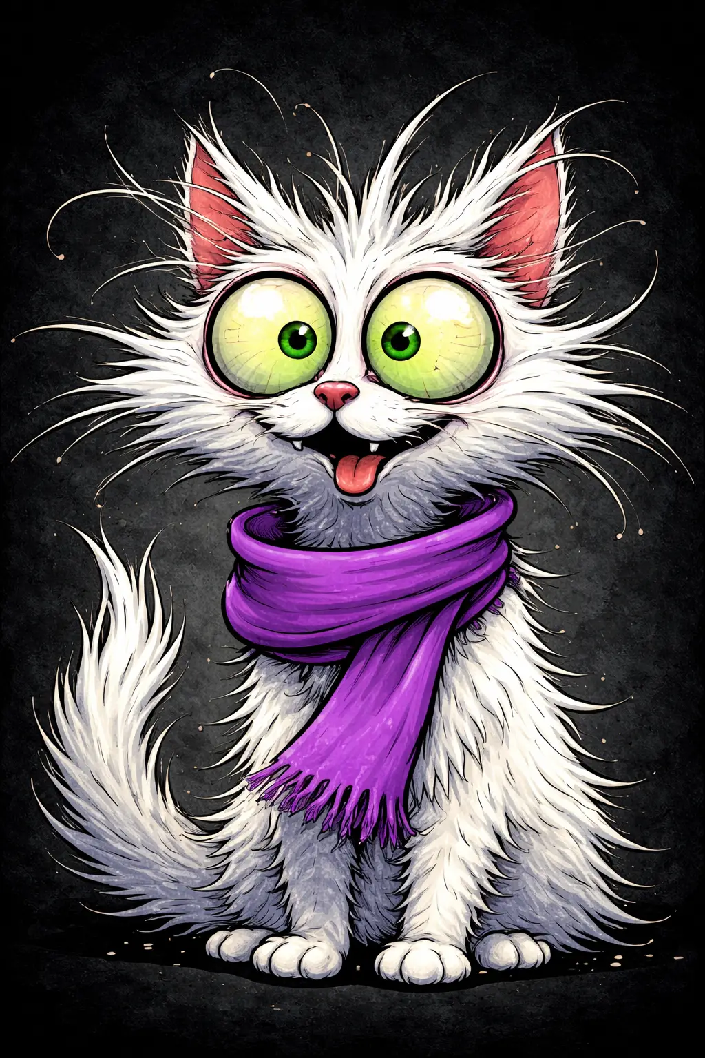 White cartoon cat with bulging green eyes and purple scarf