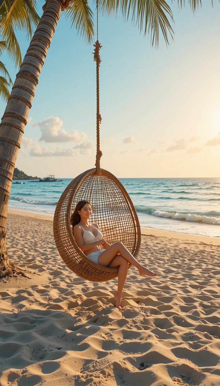 Woman relaxing in a hanging chair on tropical beach