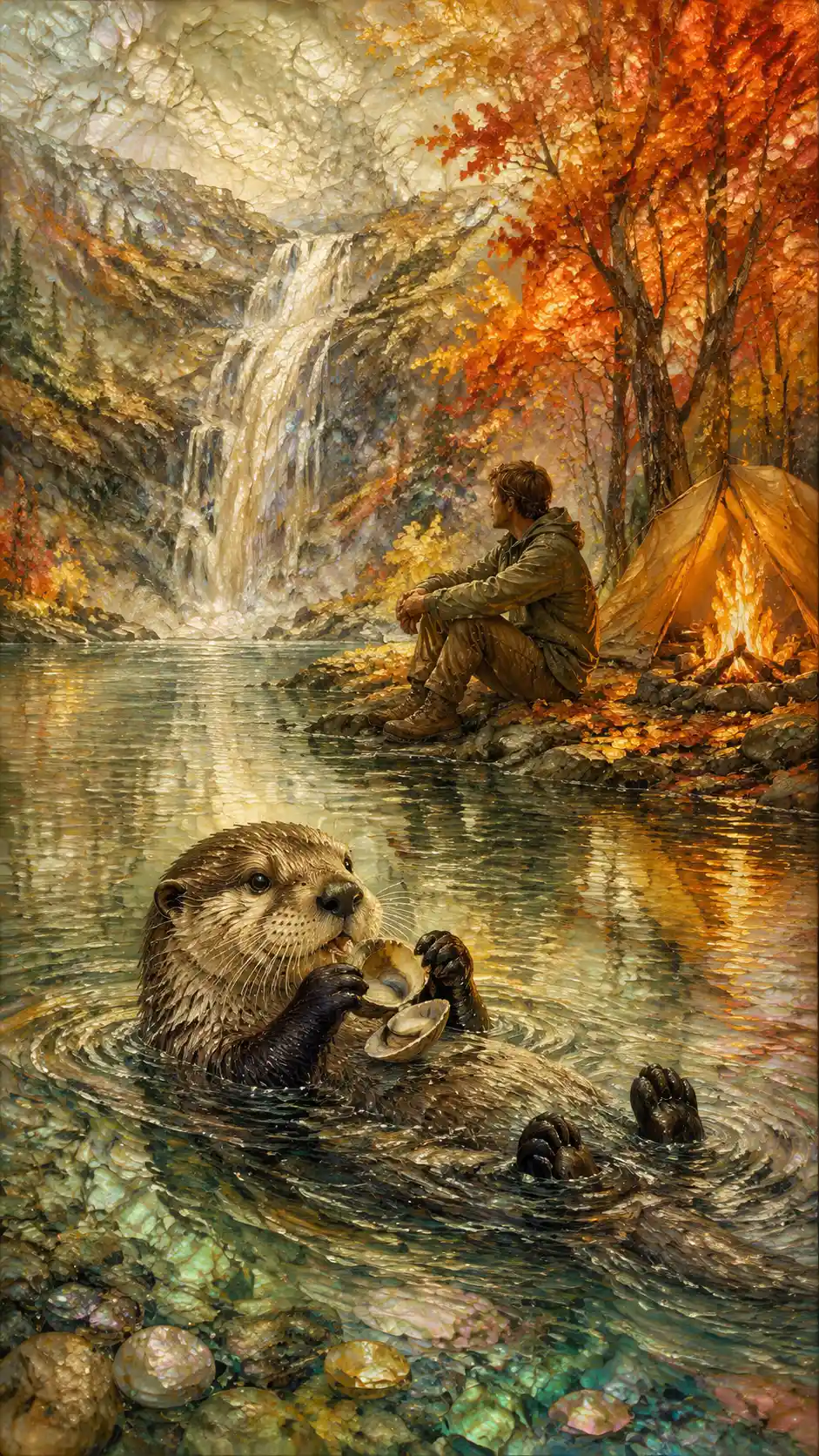 Playful otter cracking shells on a tranquil autumn lake