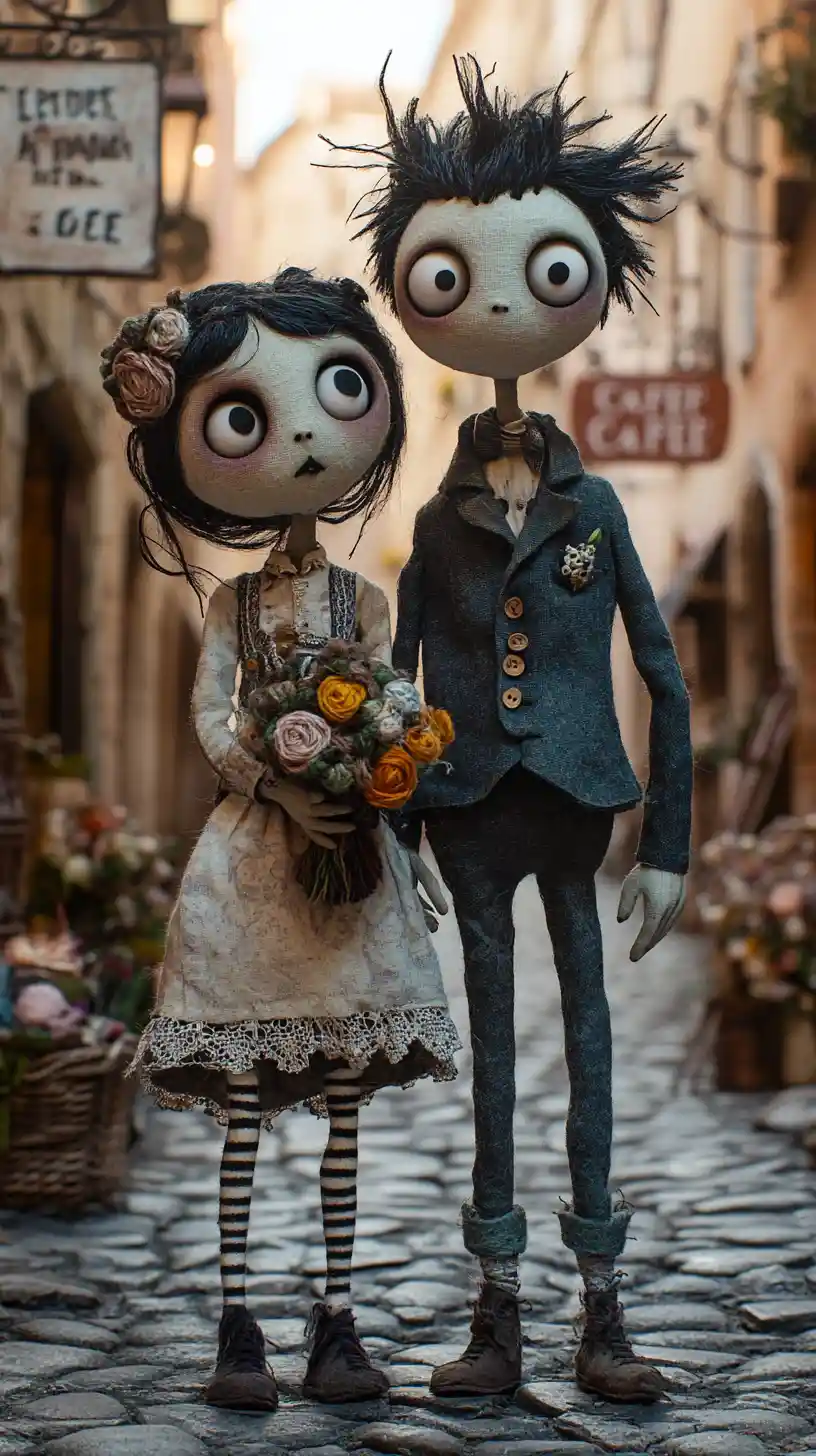 Stop motion puppet couple on a romantic european street