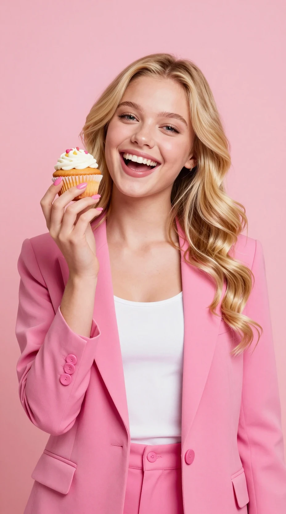 Smiling blonde girl with cupcake against pink studio background