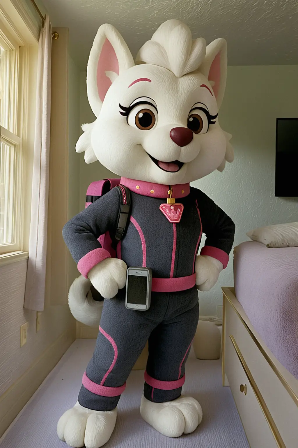 Full body portrait of a dog mascot girl indoors