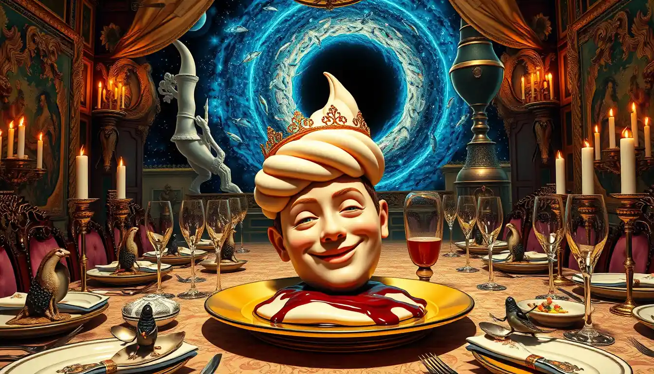 Surreal feast with crowned ice cream head on golden plate