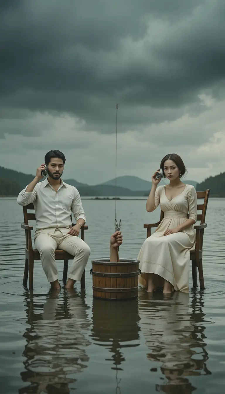 Man and woman on chairs in a surreal lakeside scene