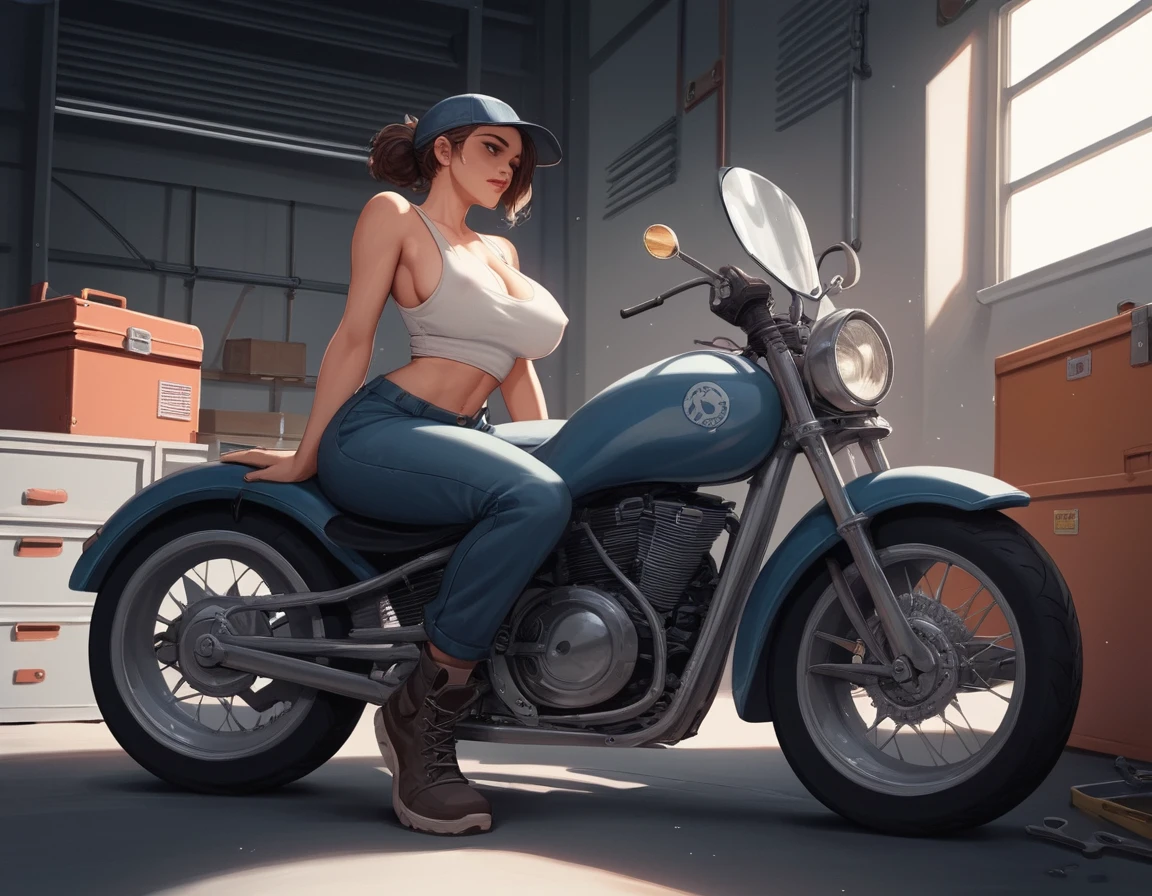 Grease stained girl mechanic pushing a motorbike in garage