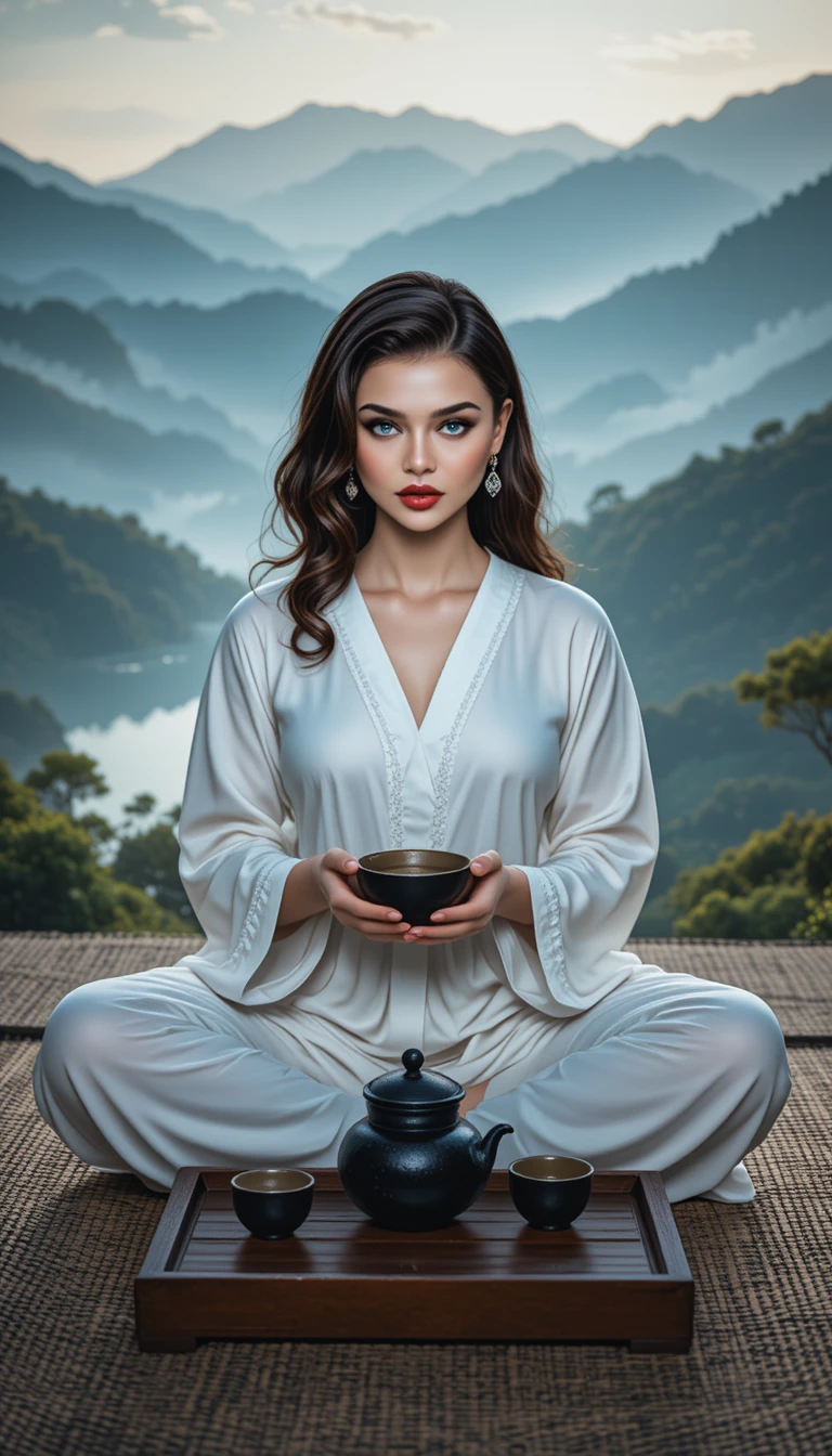 Young woman meditating with tea by a tranquil mountain lake