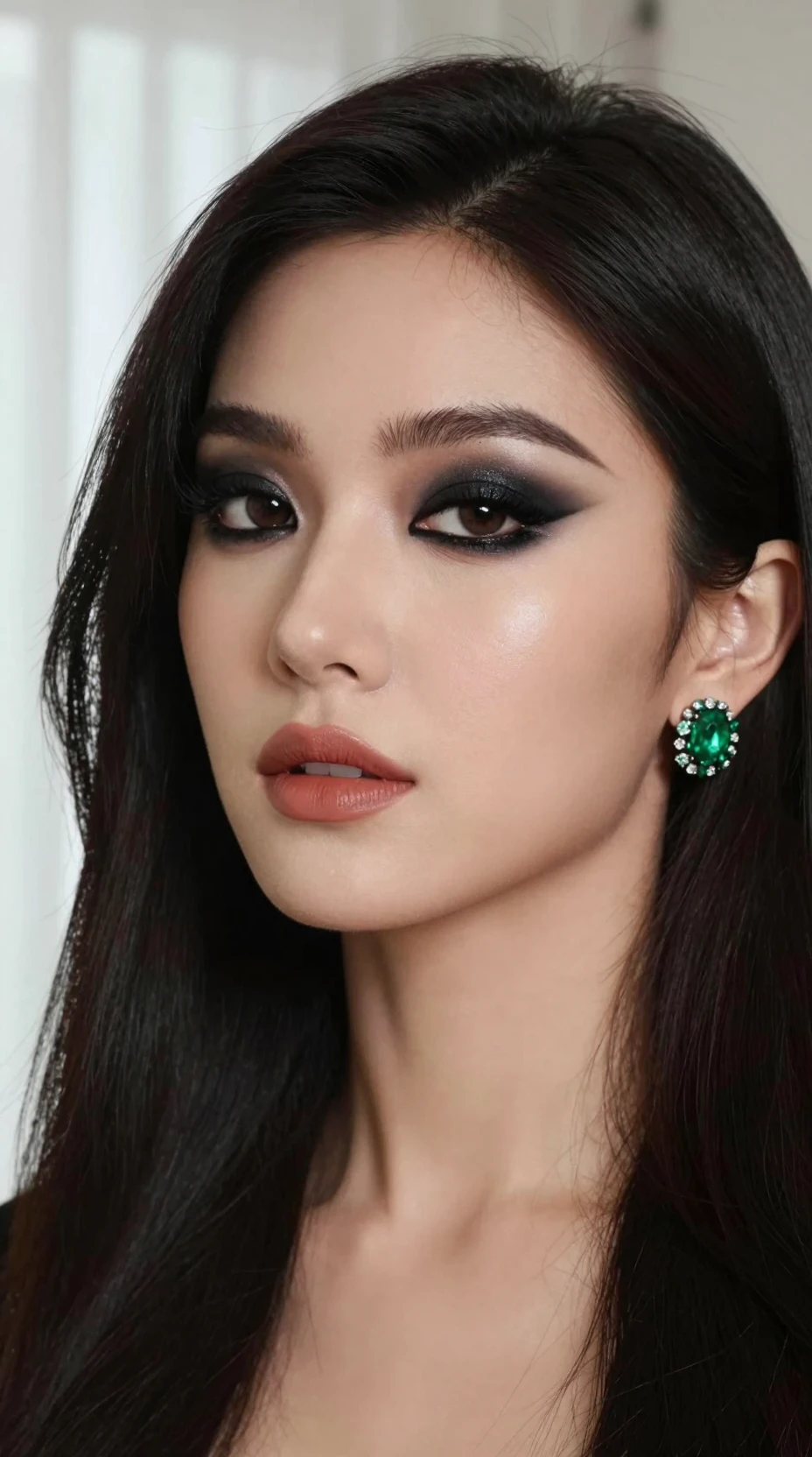 Elegant beauty portrait of a woman with emerald earrings