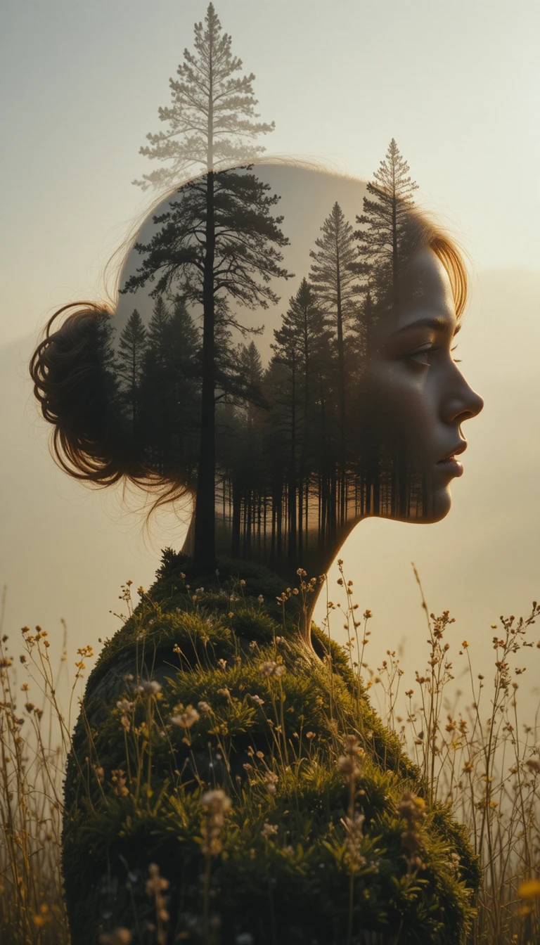 Woman silhouette blended with pine forest and meadow