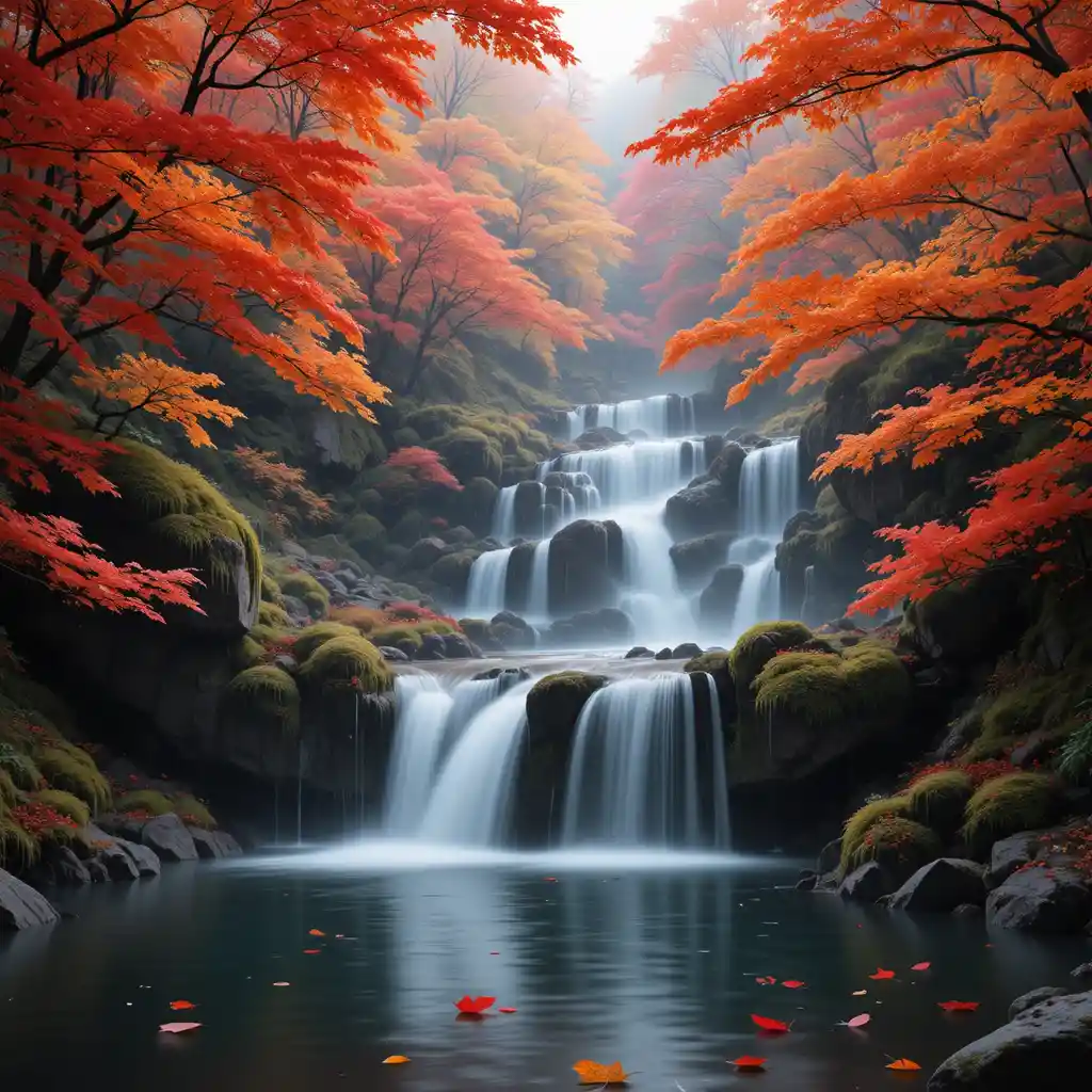 Autumn waterfall in a tranquil Japanese maple forest