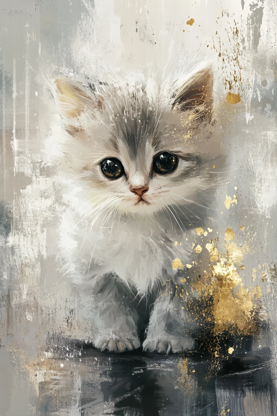 Fluffy grey kitten with gold accents on reflective surface