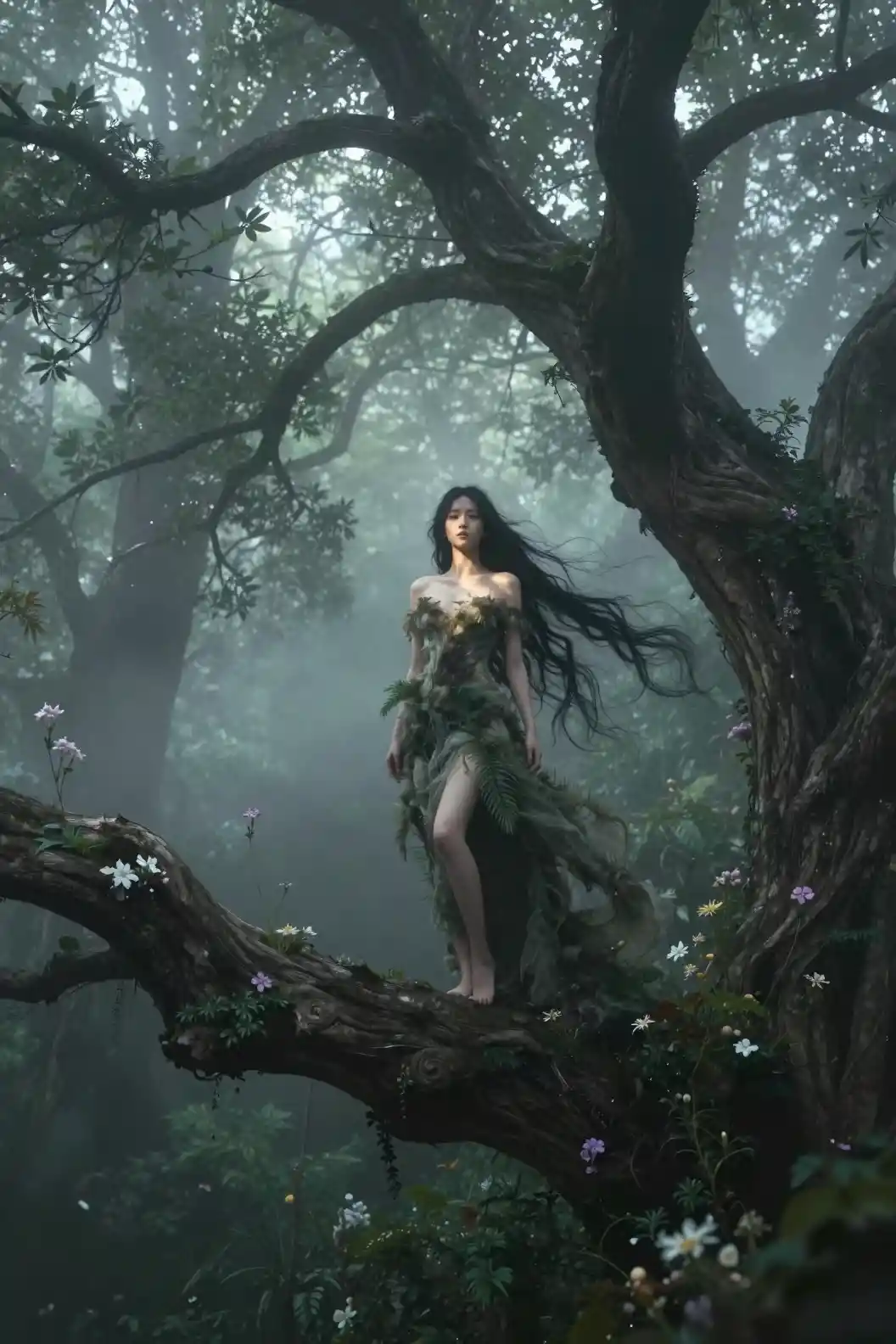 Ethereal woman on twisted tree branch in misty forest