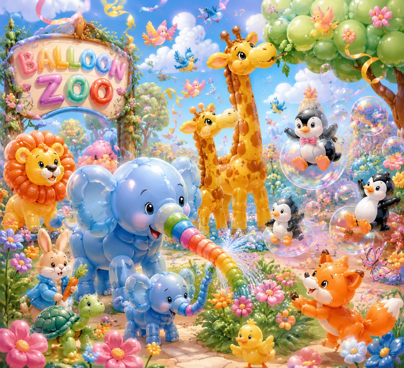 Animales de globos mágicos jugando juntos en un zoológico de fantasía