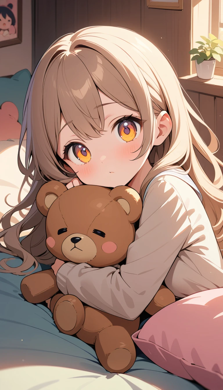 Cute anime girl sleeping in bed with teddy bear