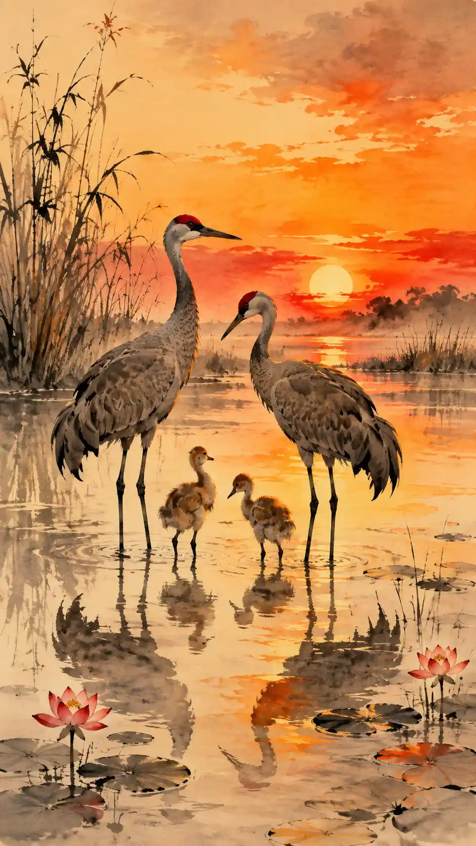 Sandhill crane family in a tranquil marsh at sunset