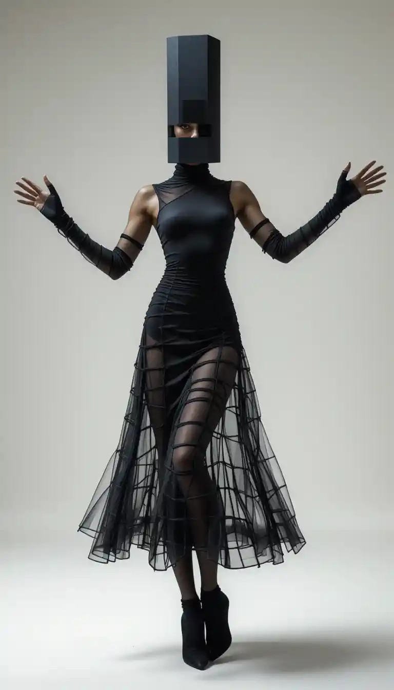 Avant garde fashion woman in sculptural black outfit