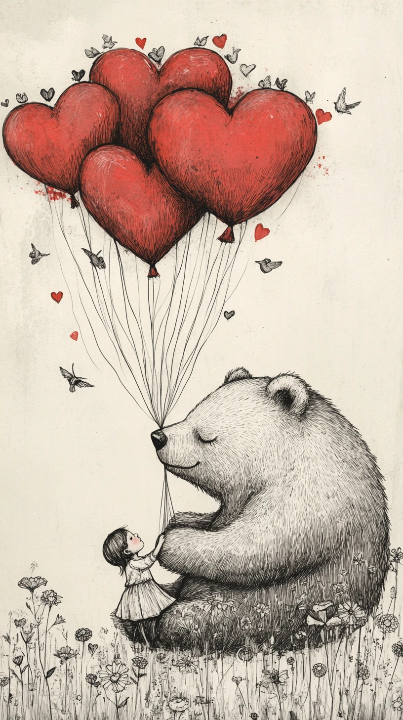 Piccolo bambino che fluttua con un enorme orso di palloncini a forma di cuore