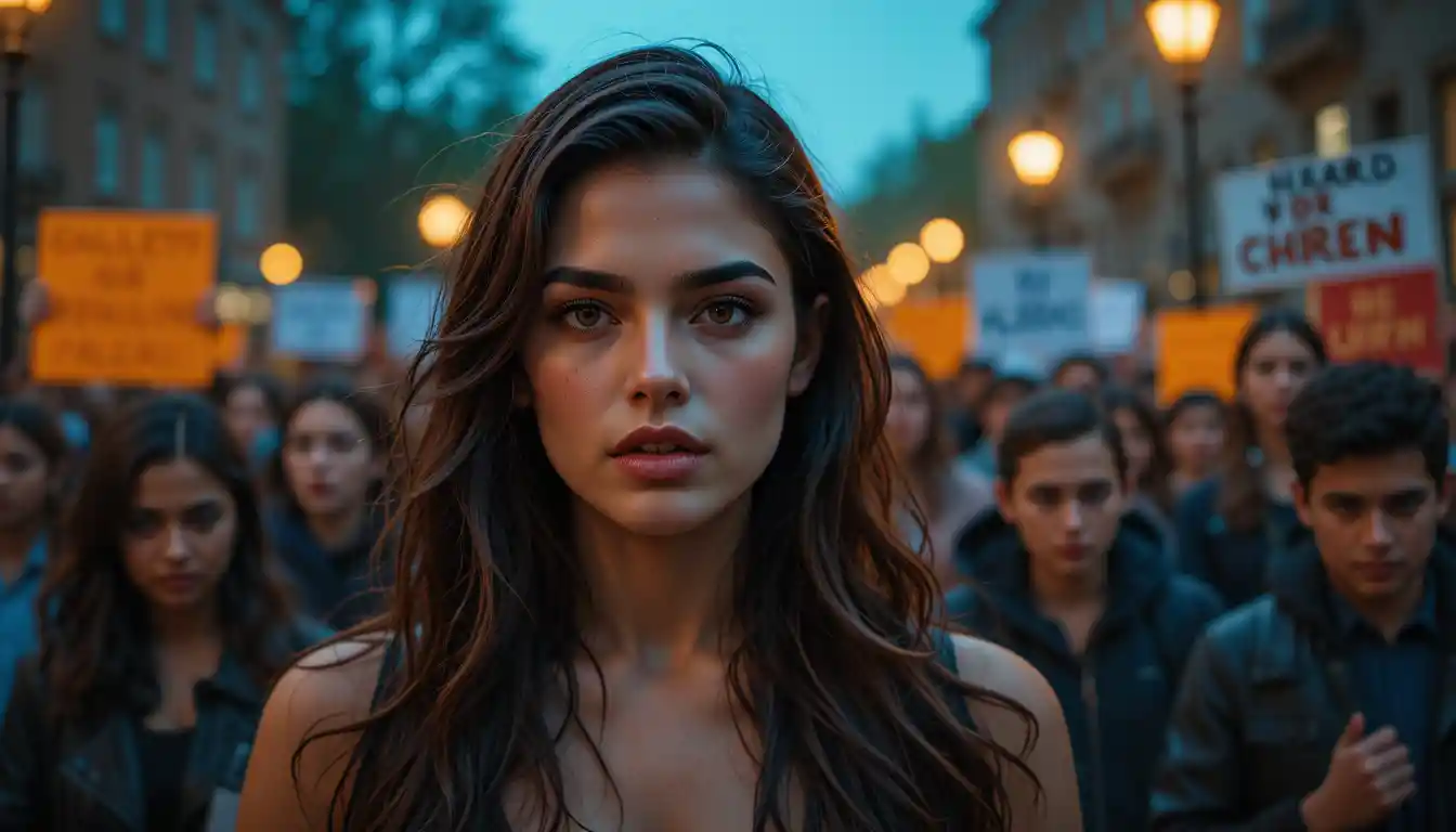 Defiant young woman leading protest on rainy campus