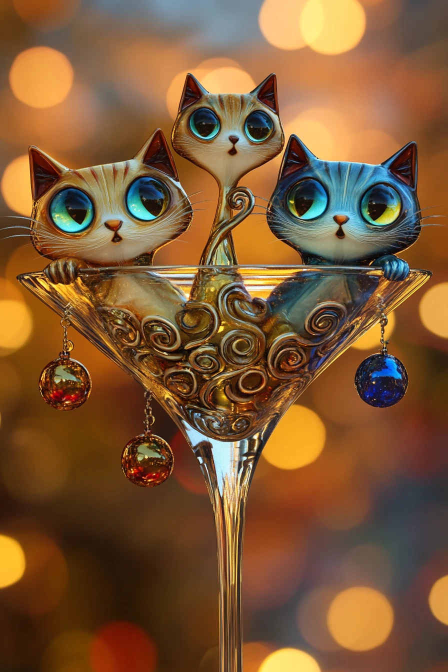 Whimsical elongated cats perched on a glass martini
