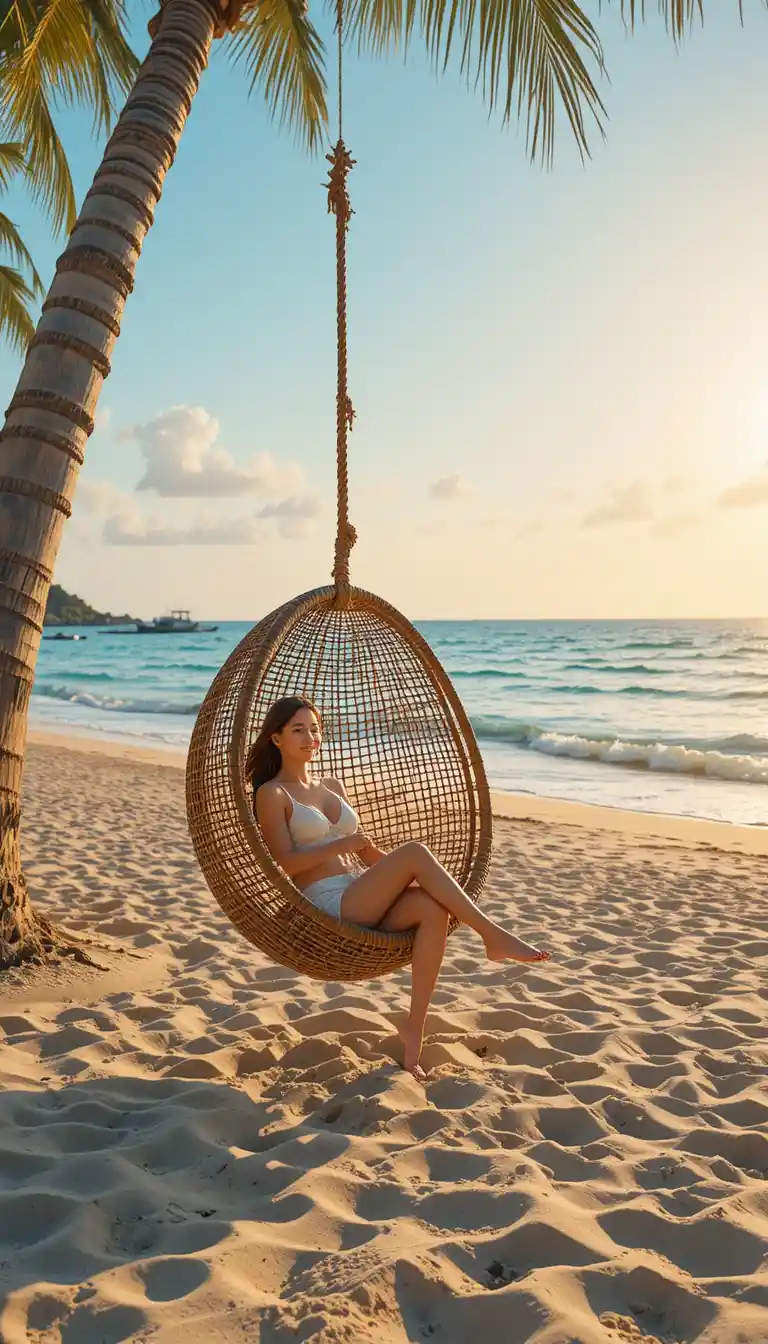 Woman relaxing in a hanging chair on tropical beach