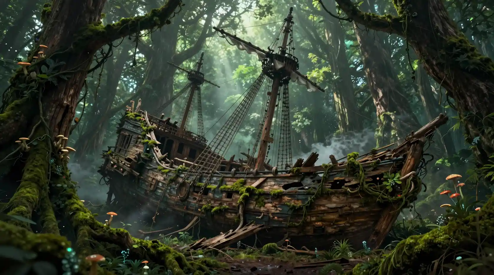 Naufrágio de navio pirata antigo consumido por densa floresta primordial
