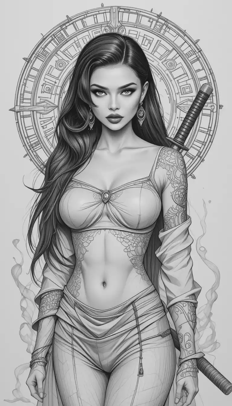 Tattooed warrior woman in monochrome graphite style
