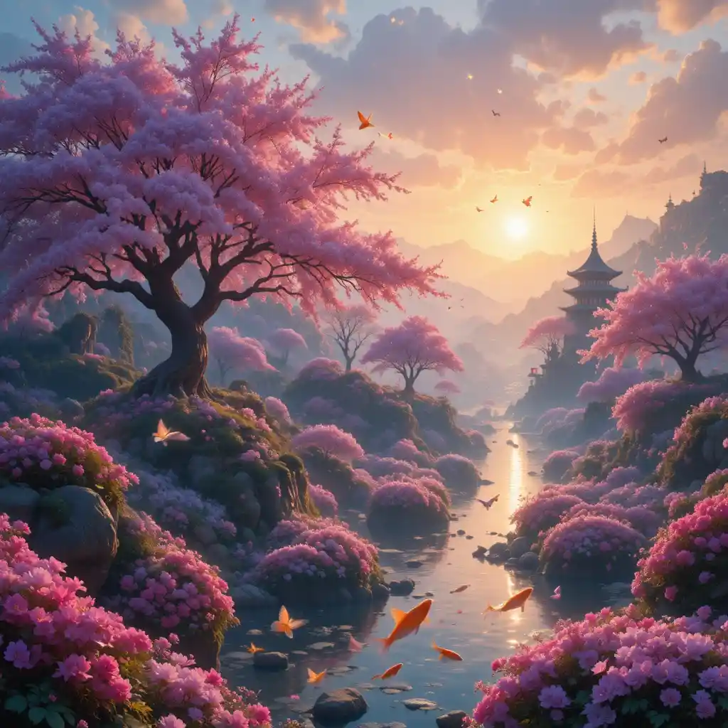 Magical fantasy garden beneath an endless glowing sunset sky