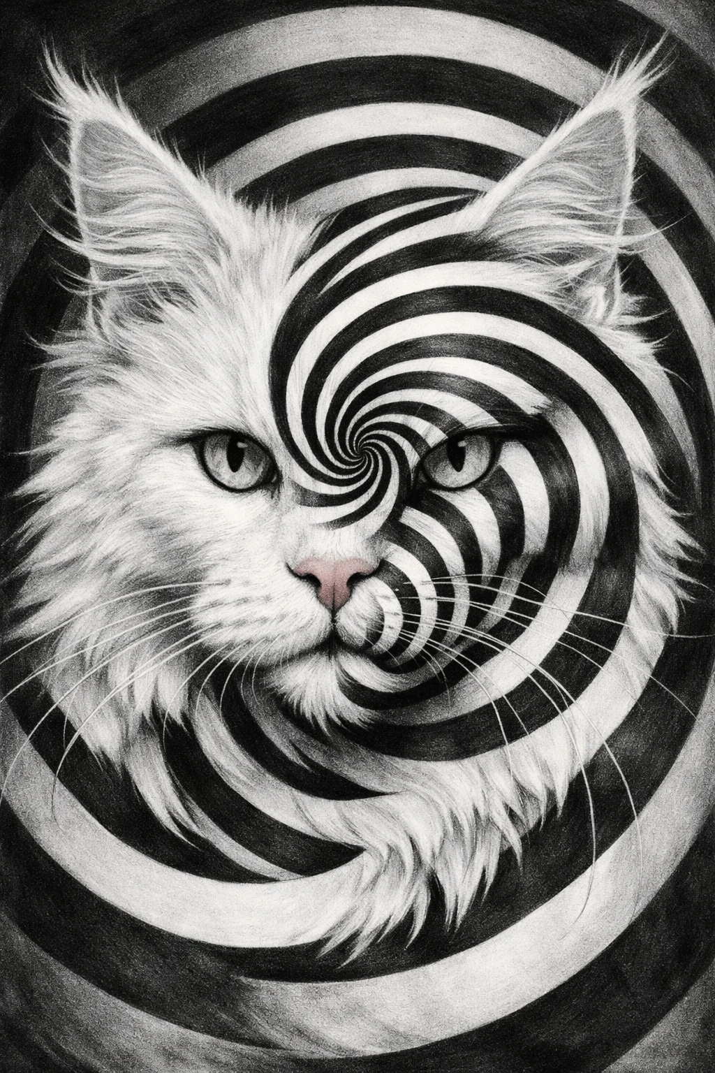 White maine coon cat face with spiral optical illusion