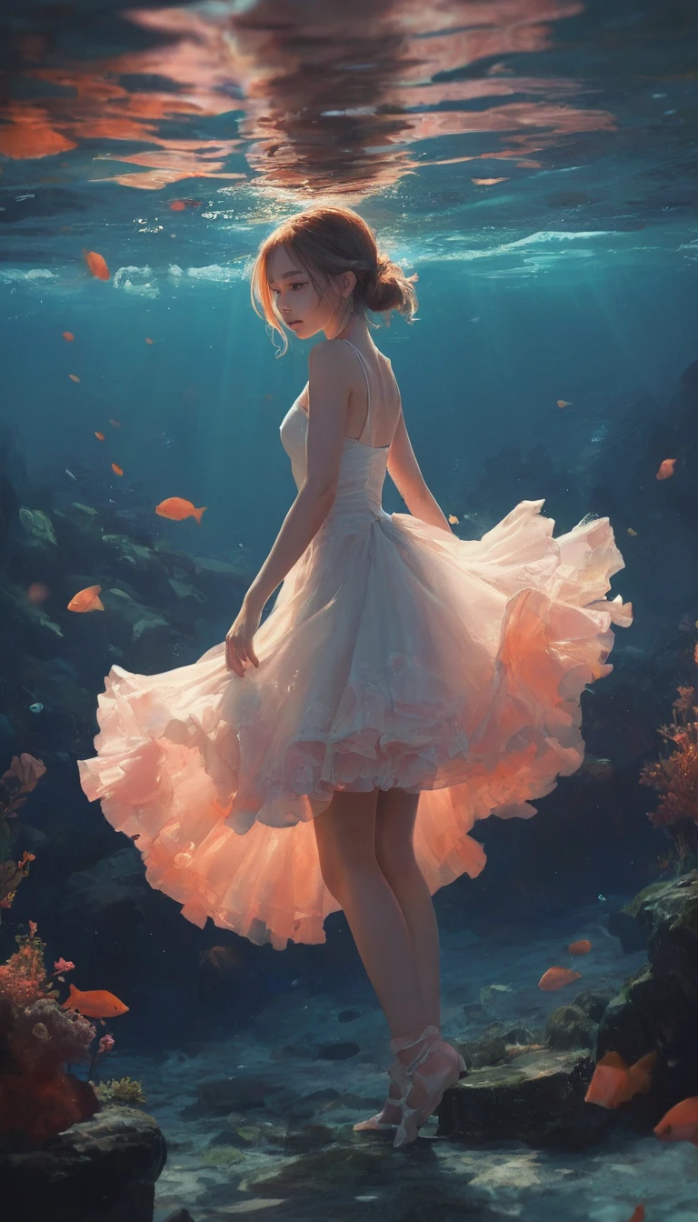 Ballerina diving through a whimsical coral reef scene