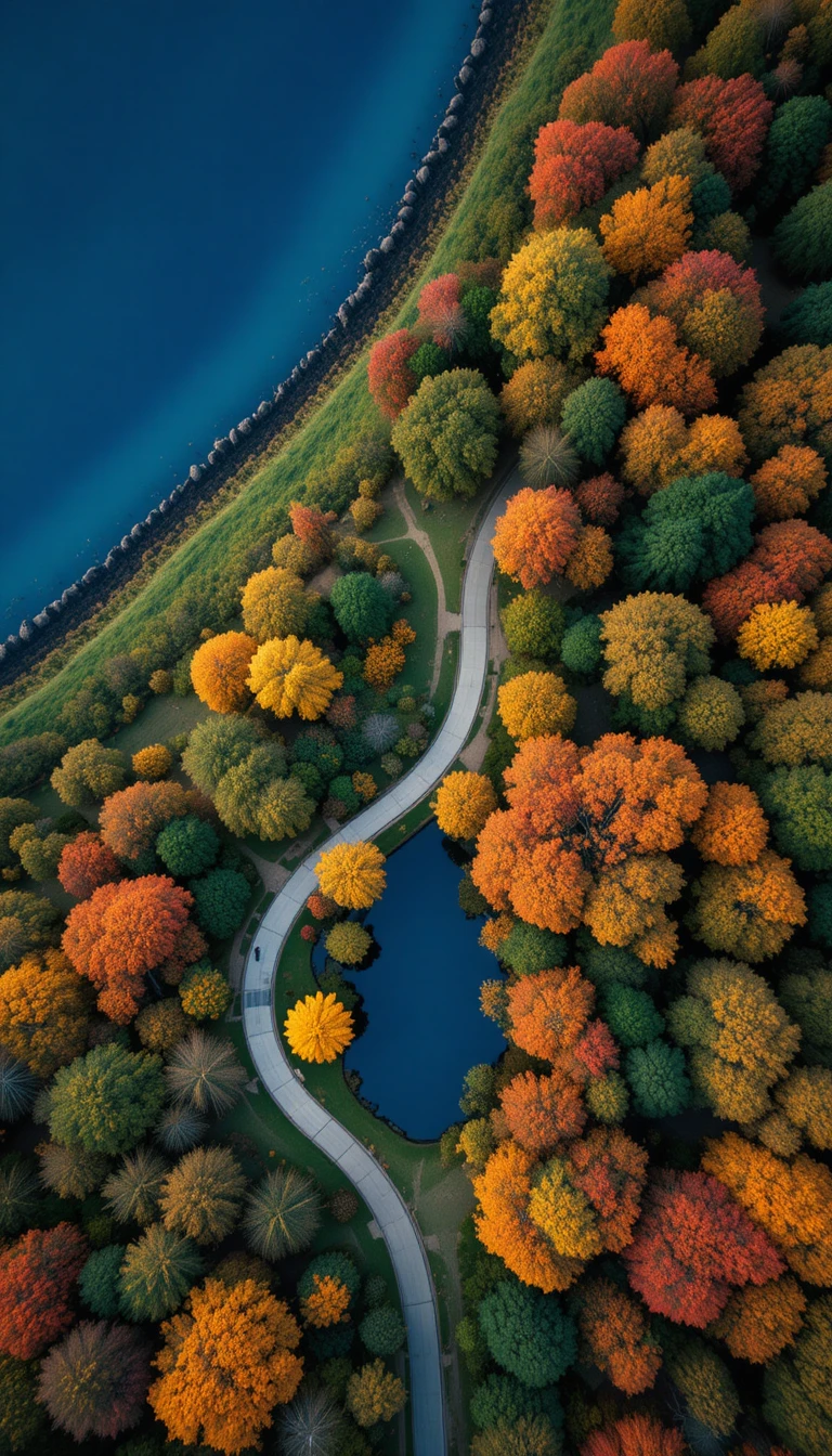 Aerial view of autumn park with lake and winding path