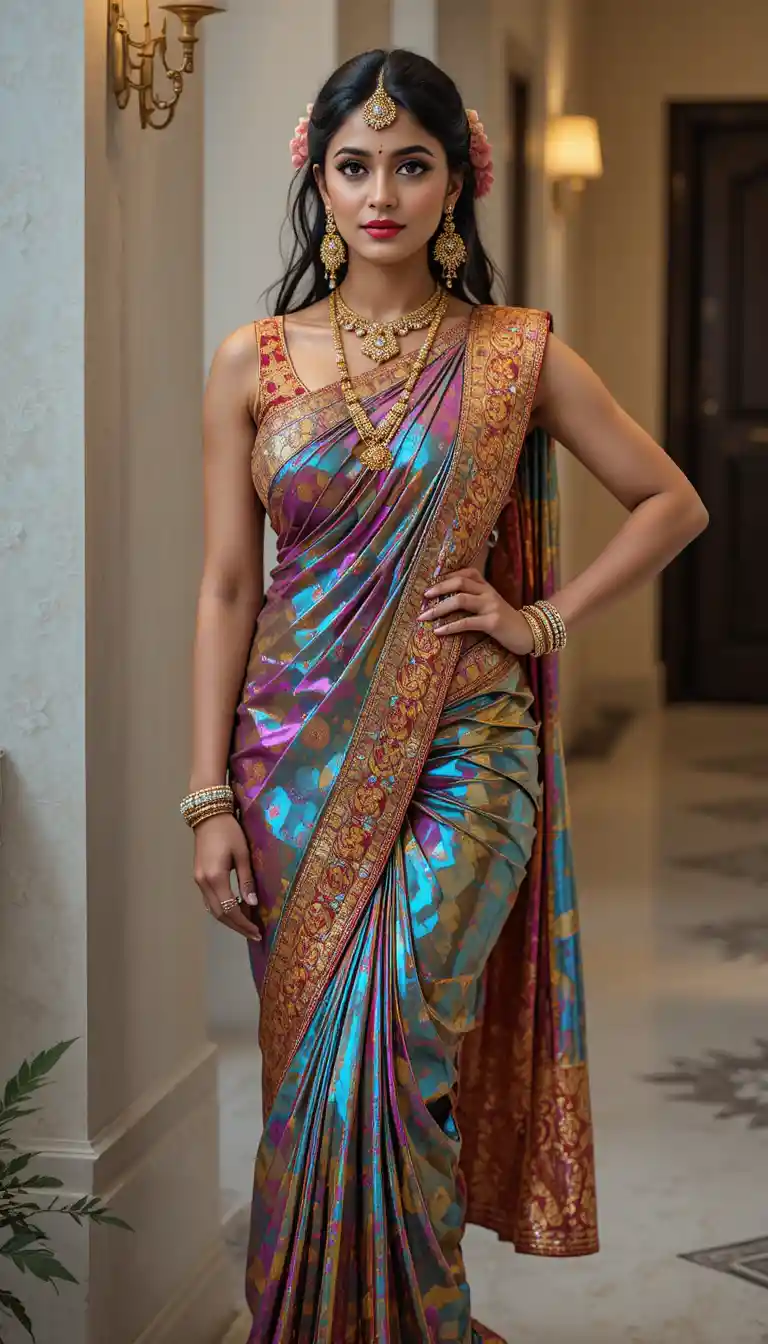 Indian woman in glossy mirror saree bending in full view