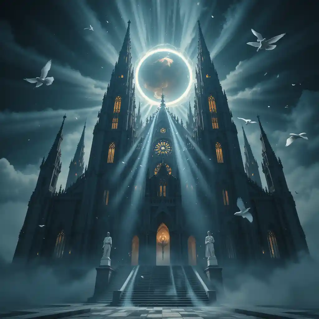 Gothic cathedral beneath a total solar eclipse