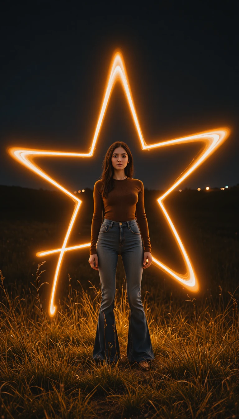 Woman in night field wrapped in golden light trails