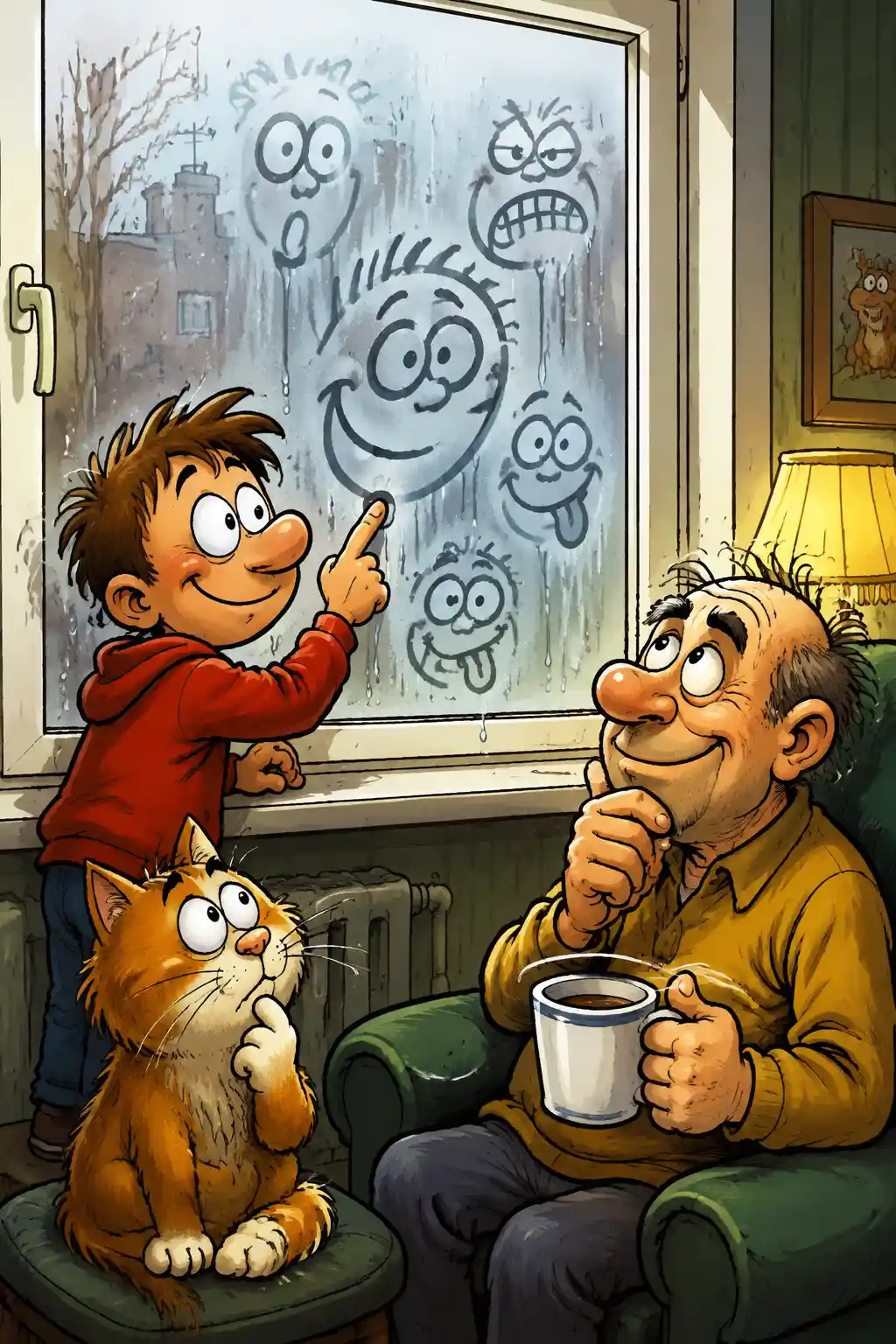 Playful comic illustration of humorous faces on a window