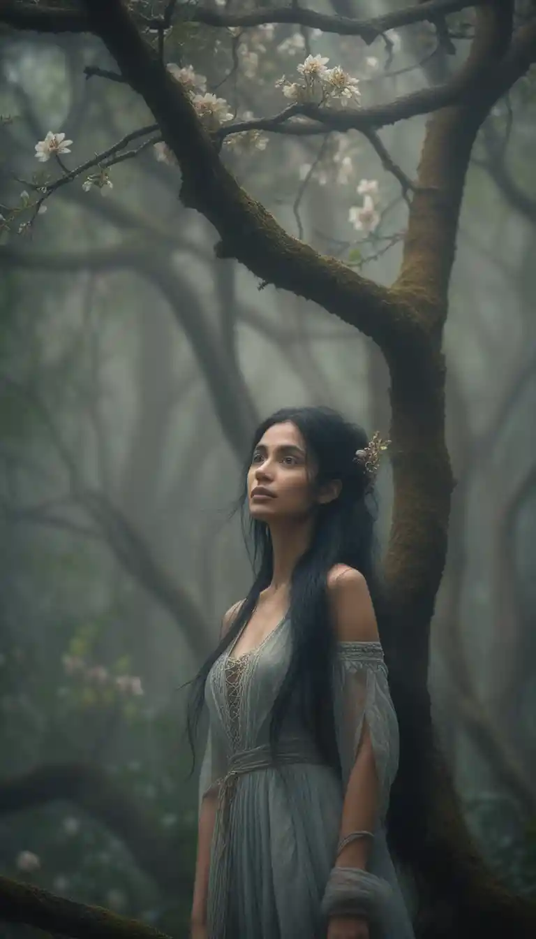 Mystische Frau auf einem verdrehten Baum im nebligen Wald
