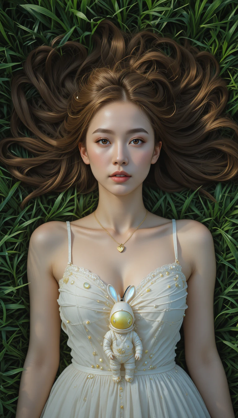 Young woman lying on manicured grass in soft sunlight