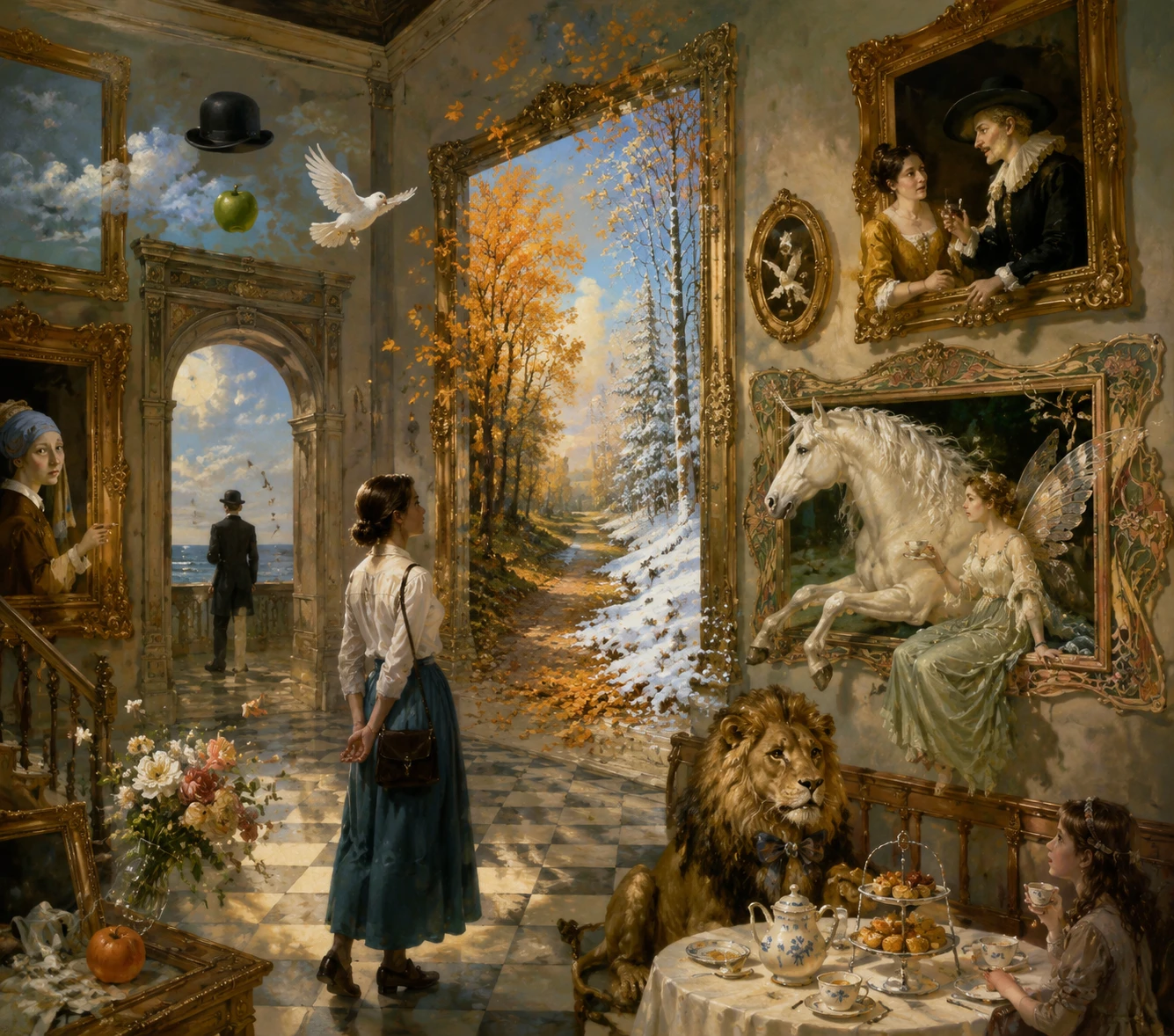 Visitors Watching Living Paintings In A Surreal Museum Gallery